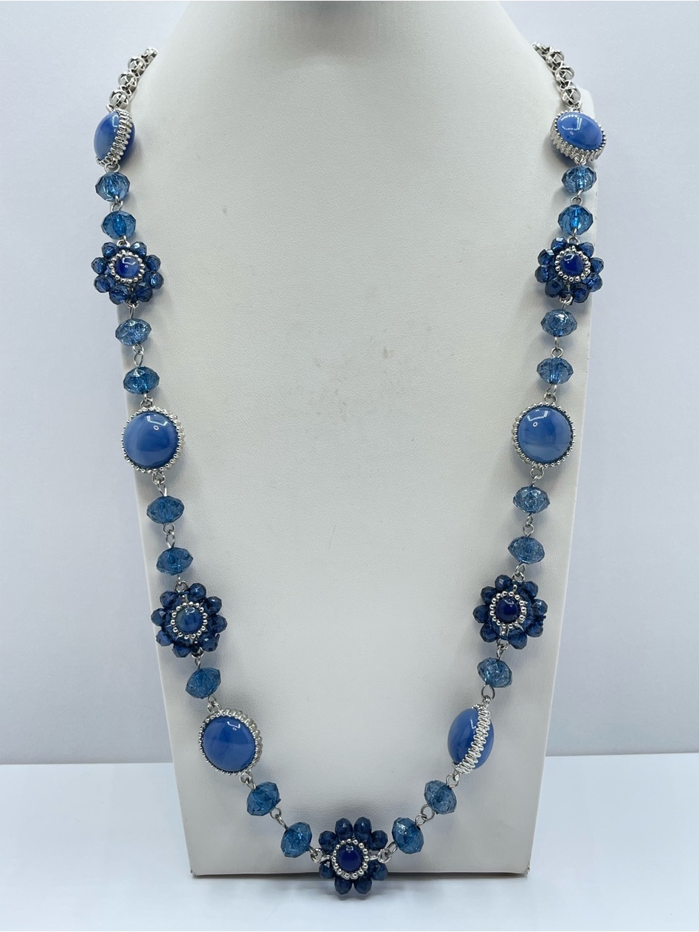 Vintage Blue Lucite Acrylic Floral Beaded Silver Tone Statement Necklace Boho